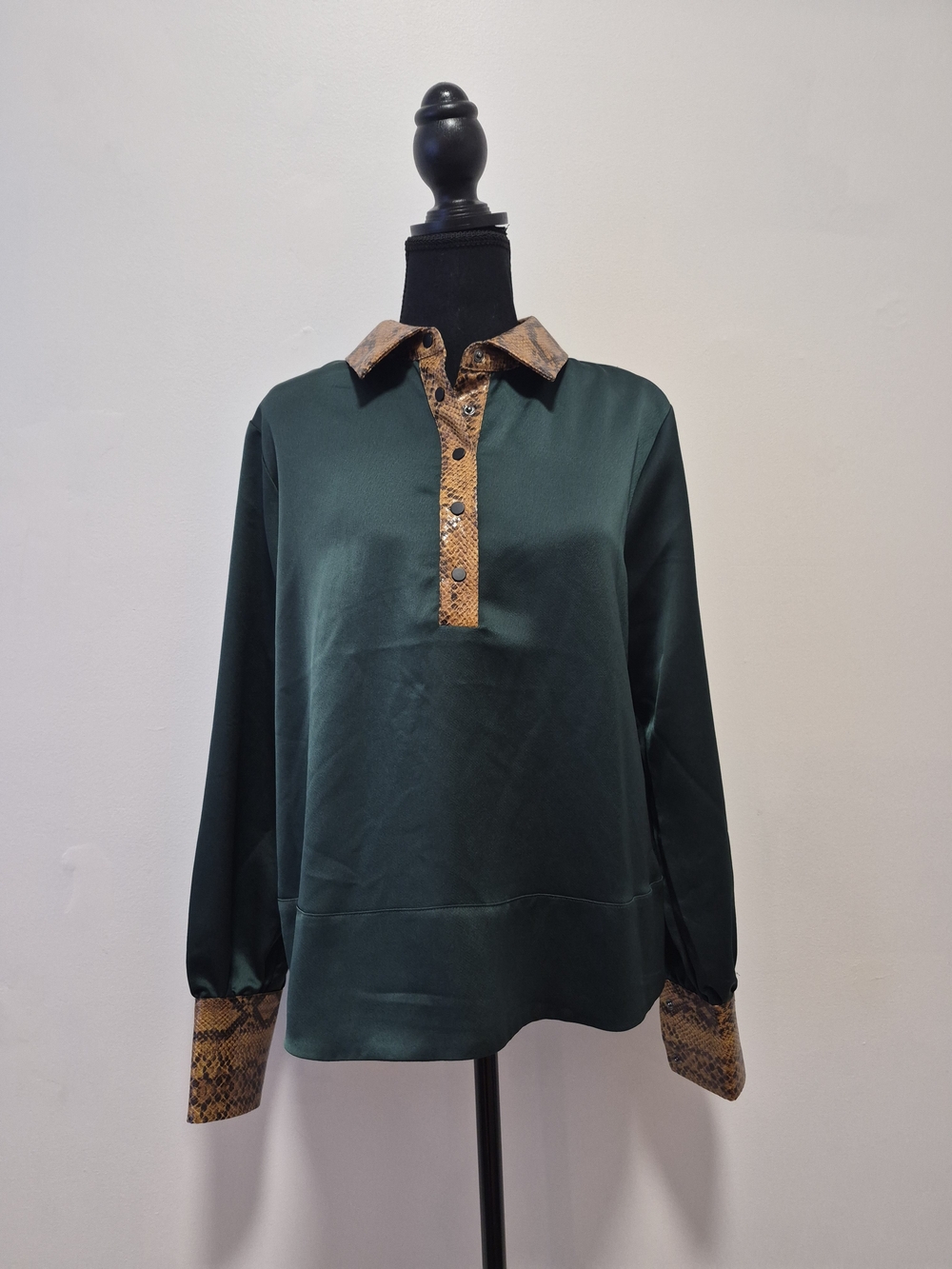 Scotch & Soda Dark Green Button-Down Top with Snake-Print Trim